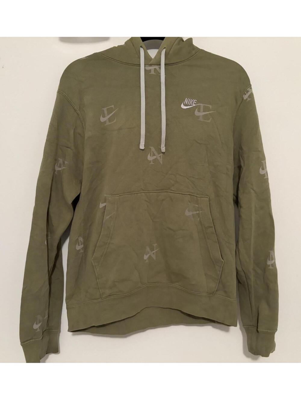 Nike Club Olive Green All Over Print Fleece Hoodie Sweatshirt Mens Size Small